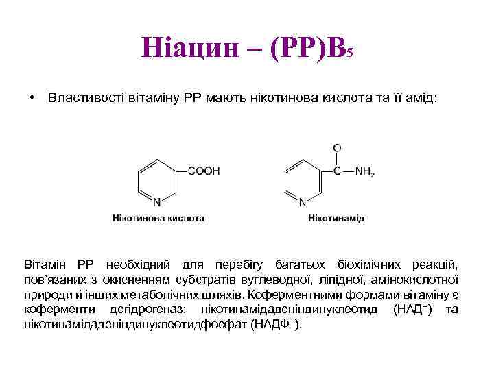 Ніацин – (РР)В 5 • Властивості вітаміну РР мають нікотинова кислота та її амід: