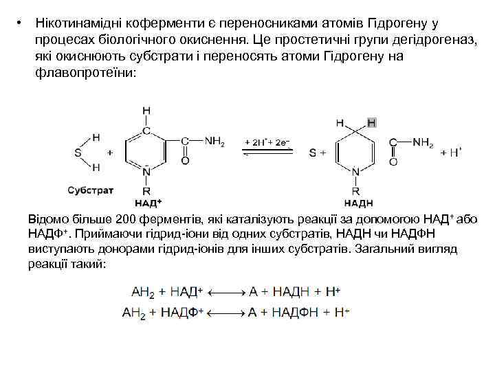  • Нікотинамідні коферменти є переносниками атомів Гідрогену у процесах біологічного окиснення. Це простетичні