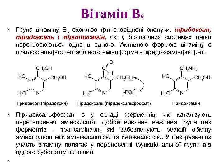 Вітамін В 6 • Група вітаміну В 6 охоплює три споріднені сполуки: піридоксин, піридоксаль
