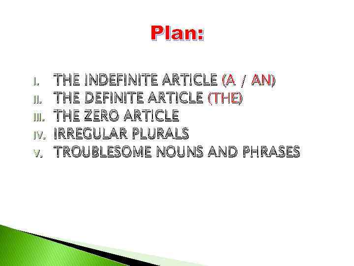 Plan: I. III. IV. V. THE INDEFINITE ARTICLE (A / AN) THE DEFINITE ARTICLE