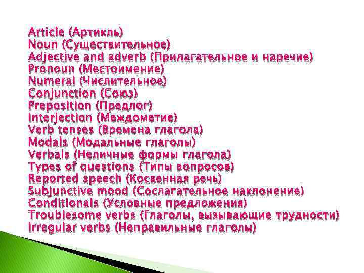 Article (Артикль) Noun (Существительное) Adjective and adverb (Прилагательное и наречие) Pronoun (Местоимение) Numeral (Числительное)