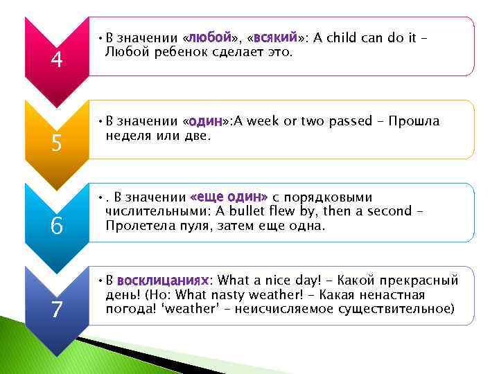 4 5 6 7 • В значении «любой» , «всякий» : A child can