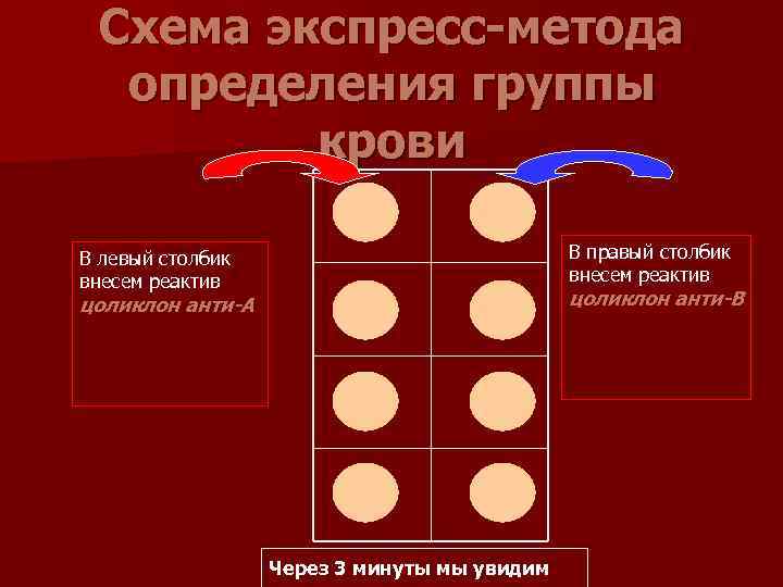 Схема экспресс-метода определения группы крови В правый столбик внесем реактив В левый столбик внесем