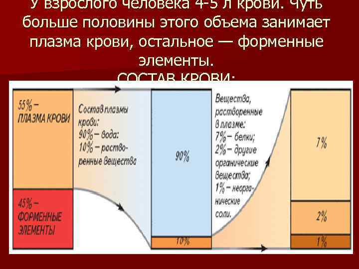 У взрослого человека 4 -5 л крови. Чуть больше половины этого объема занимает плазма