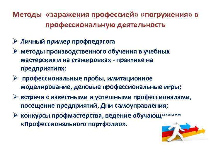 Методы «заражения профессией» «погружения» в профессиональную деятельность Ø Личный пример профпедагога Ø методы производственного