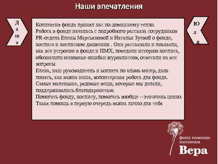 Наши впечатления Д а ш а Коллектив фонда принял нас по-домашнему тепло. Работа в