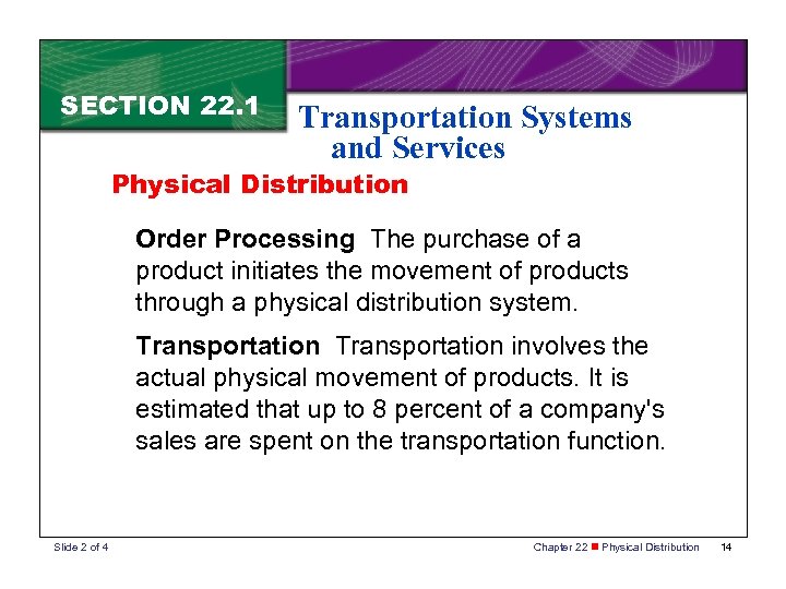 SECTION 22. 1 Transportation Systems and Services Physical Distribution Order Processing The purchase of
