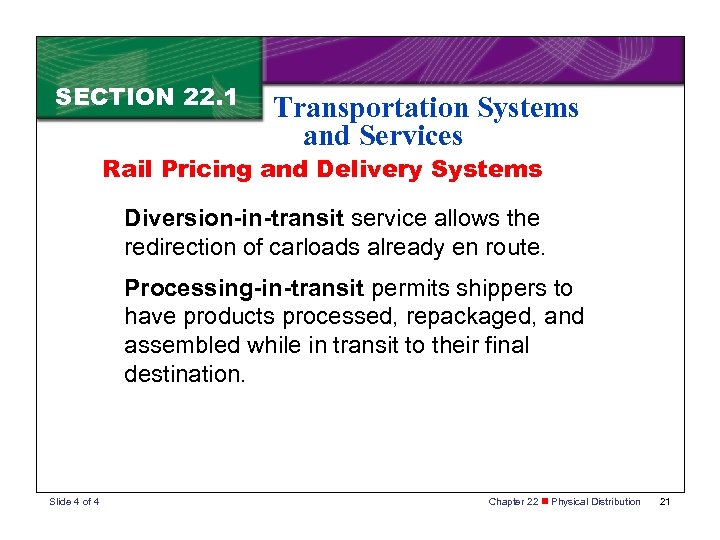 SECTION 22. 1 Transportation Systems and Services Rail Pricing and Delivery Systems Diversion-in-transit service