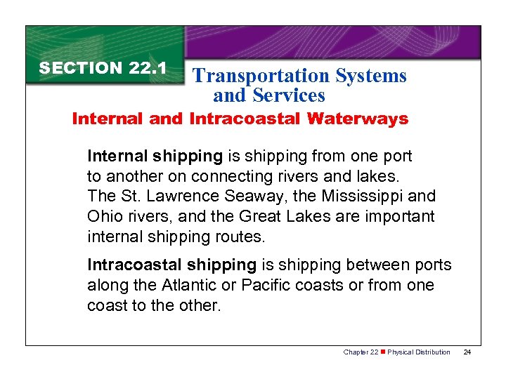 SECTION 22. 1 Transportation Systems and Services Internal and Intracoastal Waterways Internal shipping is