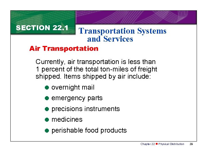 SECTION 22. 1 Transportation Systems and Services Air Transportation Currently, air transportation is less