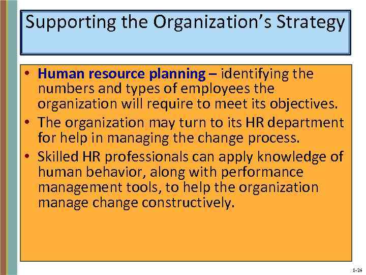 Supporting the Organization’s Strategy • Human resource planning – identifying the numbers and types