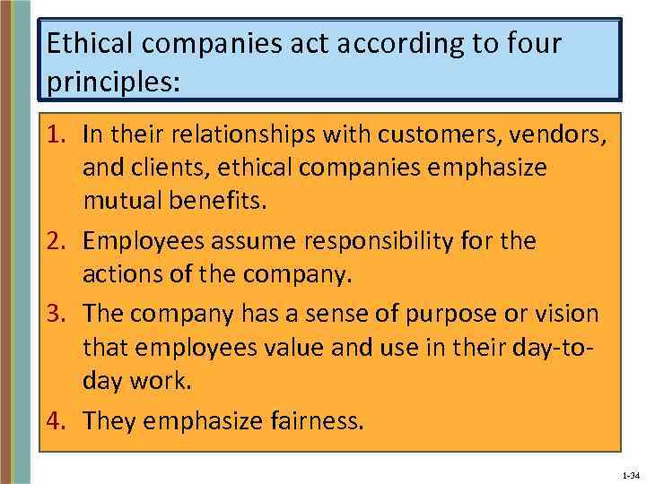 Ethical companies act according to four principles: 1. In their relationships with customers, vendors,