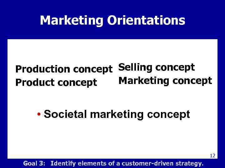 Marketing Orientations Marketing Management Production concept Selling concept Marketing concept Product concept • Societal