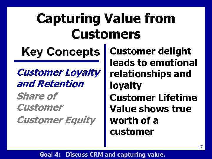 Capturing Value from Customers Key Concepts Customer Loyalty and Retention Share of Customer Equity