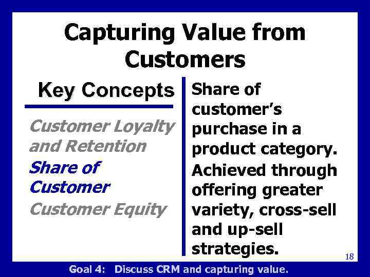 Capturing Value from Customers Key Concepts Customer Loyalty and Retention Share of Customer Equity