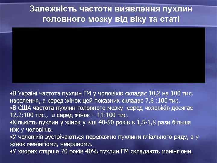 Залежність частоти виявлення пухлин головного мозку від віку та статі • В Україні частота