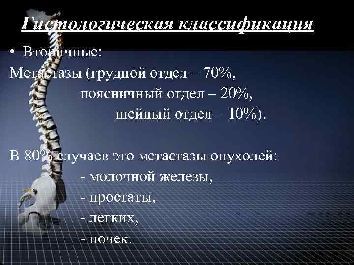 Гистологическая классификация • Вторичные: Метастазы (грудной отдел – 70%, поясничный отдел – 20%, шейный