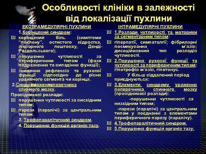 Особливості клініки в залежності від локалізації пухлини ЕКСТРАМЕДУЛЯРНІ ПУХЛИНИ 1. Корінцевий синдром: Ш корінцевий