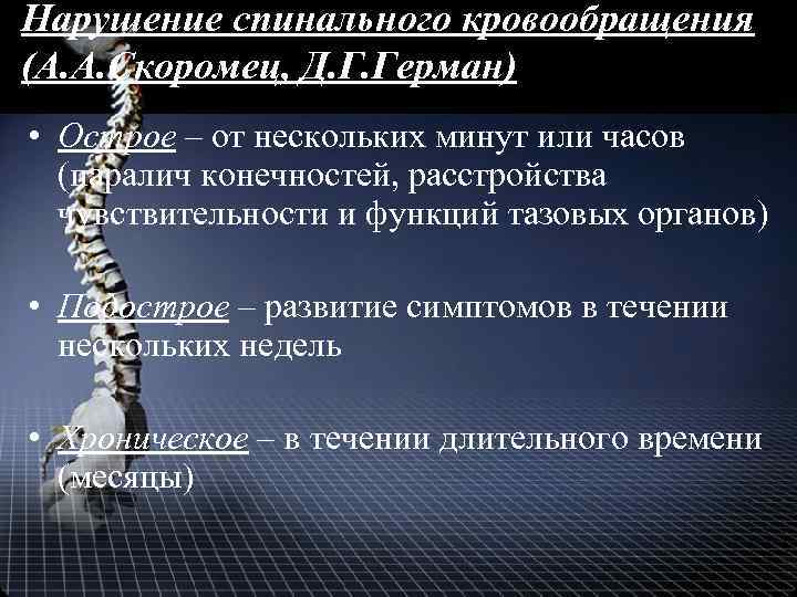 Нарушение спинального кровообращения (А. А. Скоромец, Д. Г. Герман) • Острое – от нескольких