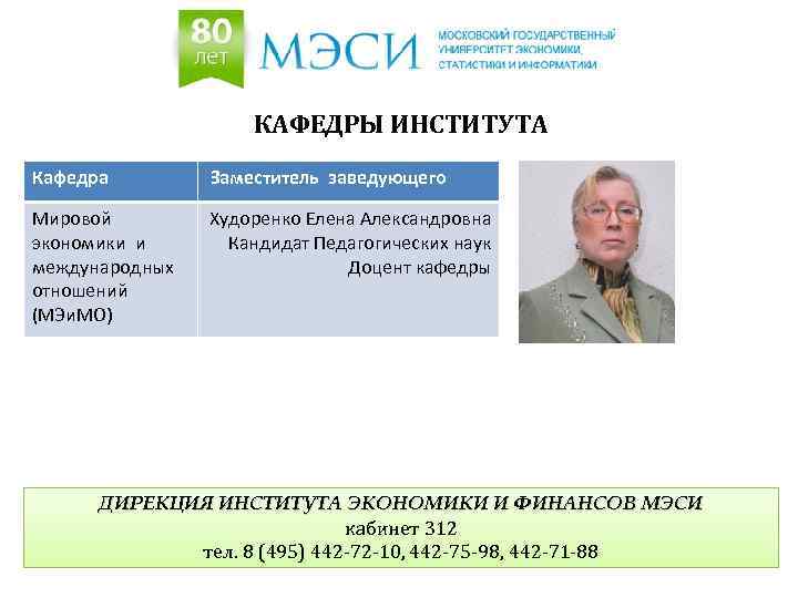 Нии кафедры. Худоренко Елена Александровна. Характеристика зав кафедрой вуза. Директор института экономики, Уральский педагогический университет. МЭИ Кафедра экономики.