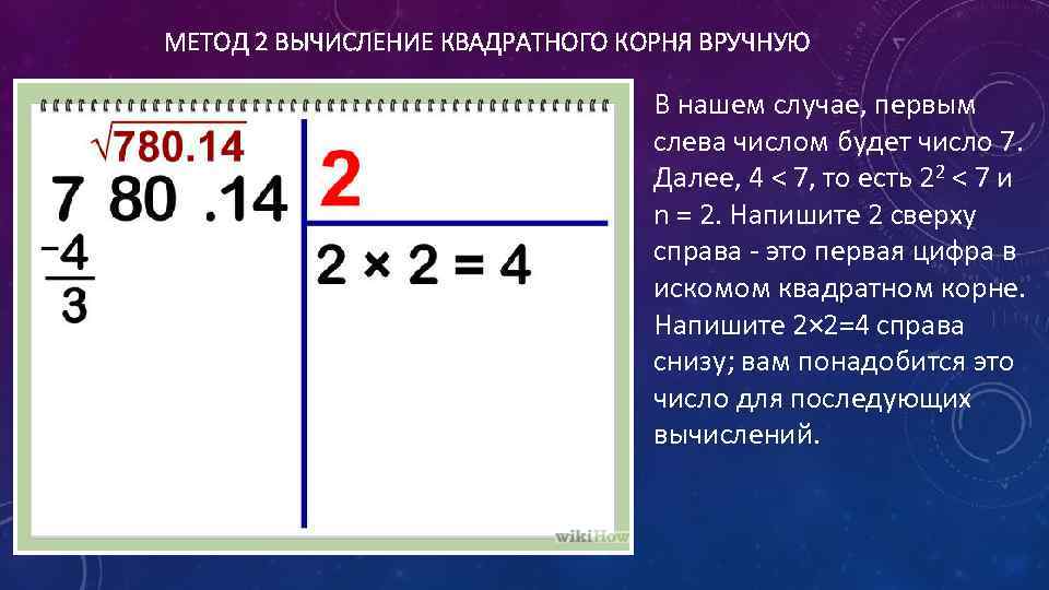 МЕТОД 2 ВЫЧИСЛЕНИЕ КВАДРАТНОГО КОРНЯ ВРУЧНУЮ В нашем случае, первым слева числом будет число