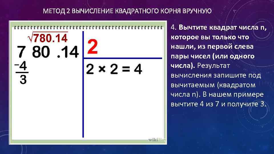 МЕТОД 2 ВЫЧИСЛЕНИЕ КВАДРАТНОГО КОРНЯ ВРУЧНУЮ 4. Вычтите квадрат числа n, которое вы только