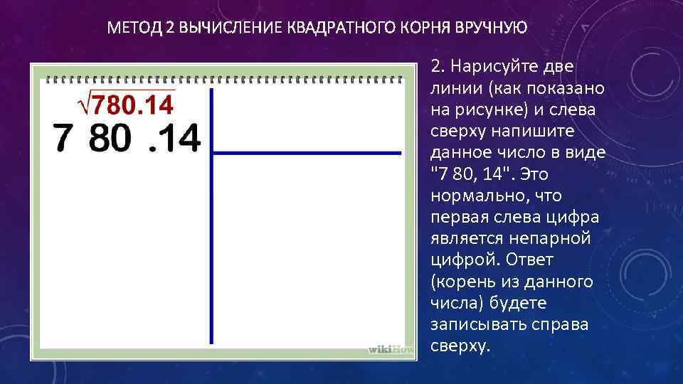 МЕТОД 2 ВЫЧИСЛЕНИЕ КВАДРАТНОГО КОРНЯ ВРУЧНУЮ 2. Нарисуйте две линии (как показано на рисунке)