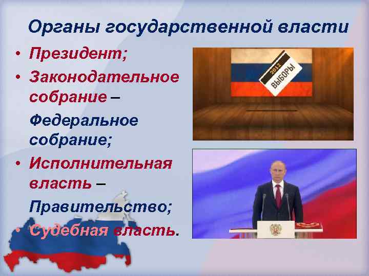 Органы государственной власти • Президент; • Законодательное собрание – Федеральное собрание; • Исполнительная власть