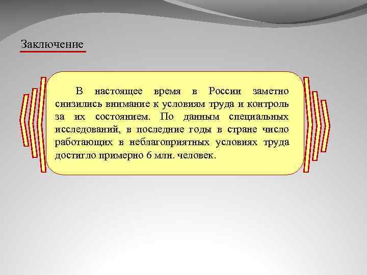 Заключение В настоящее время в России заметно снизились внимание к условиям труда и контроль