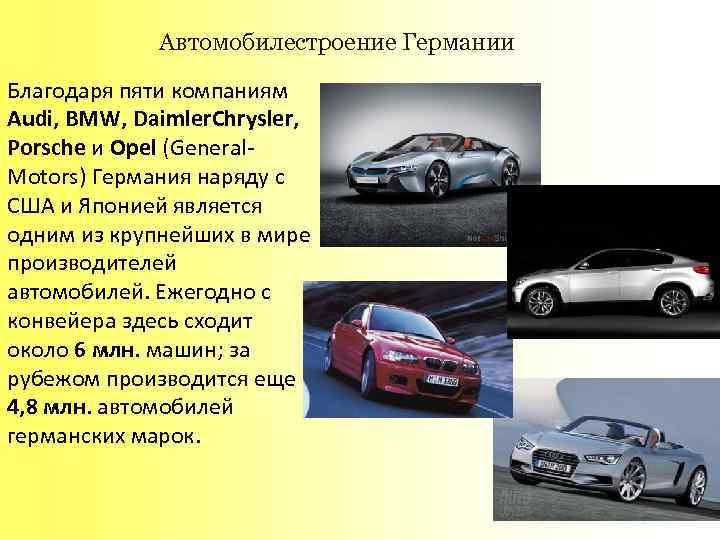 Автомобилестроение Германии Благодаря пяти компаниям Audi, BMW, Daimler. Chrysler, Porsche и Opel (General. Motors)