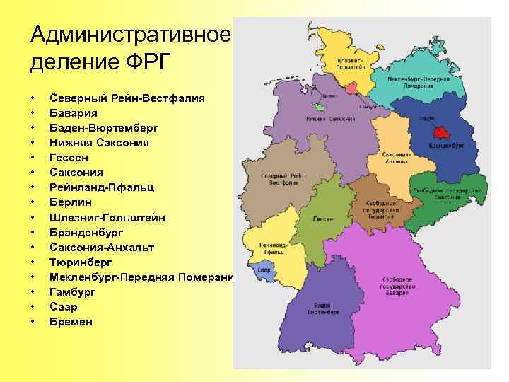 Административное деление ФРГ • • • • Северный Рейн-Вестфалия Бавария Баден-Вюртемберг Нижняя Саксония Гессен