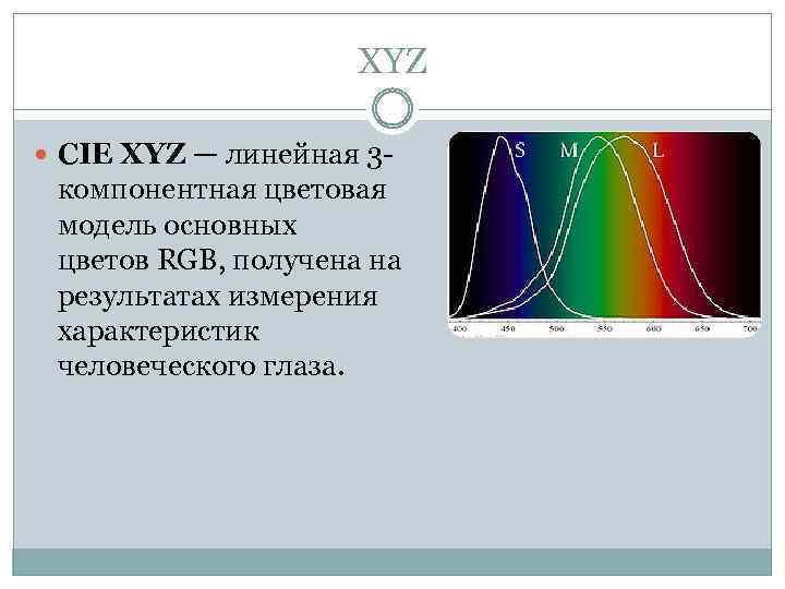 XYZ CIE XYZ — линейная 3 - компонентная цветовая модель основных цветов RGB, получена