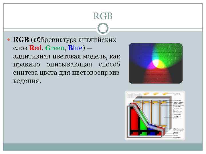 RGB (аббревиатура английских слов Red, Green, Blue) — аддитивная цветовая модель, как правило описывающая