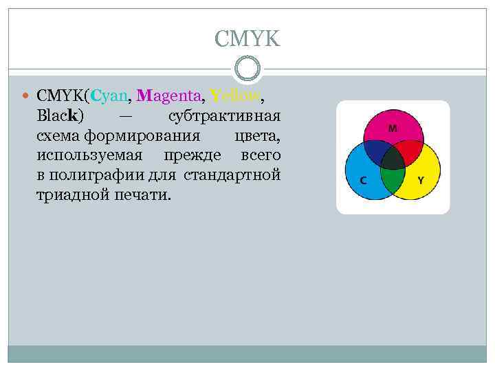 CMYK CMYK(Cyan, Magenta, Yellow, Black) — субтрактивная схема формирования цвета, используемая прежде всего в