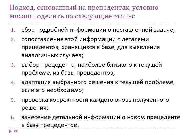 Подход, основанный на прецедентах, условно можно поделить на следующие этапы: 1. 2. 3. 4.