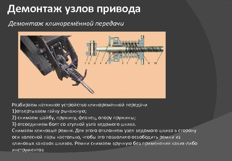 Демонтаж узлов привода Демонтаж клиноремённой передачи Разбираем натяжное устройство клиноременной передачи 1)отвертываем гайку рычажную;