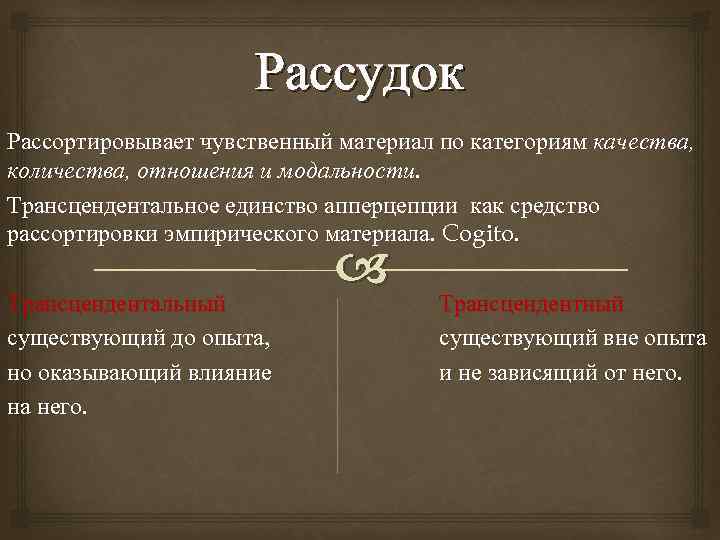 Рассудок Рассортировывает чувственный материал по категориям качества, количества, отношения и модальности. Трансцендентальное единство апперцепции