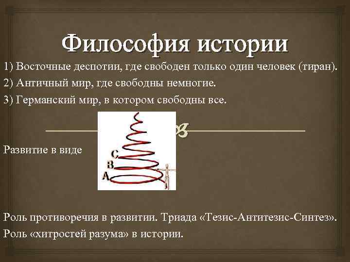 Философия истории 1) Восточные деспотии, где свободен только один человек (тиран). 2) Античный мир,