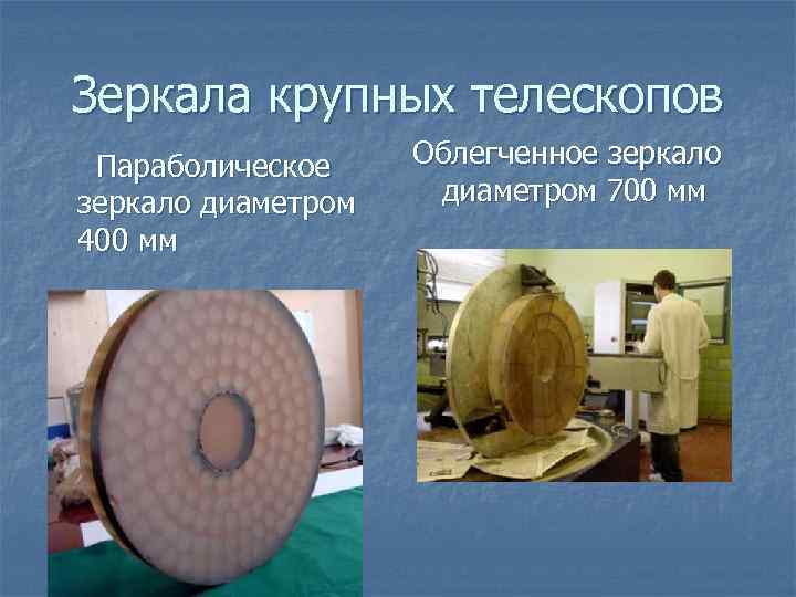Зеркала крупных телескопов Параболическое зеркало диаметром 400 мм Облегченное зеркало диаметром 700 мм 