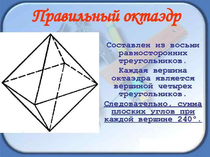 Правильный октаэдр Составлен из восьми равносторонних треугольников. Каждая вершина октаэдра является вершиной четырех треугольников.