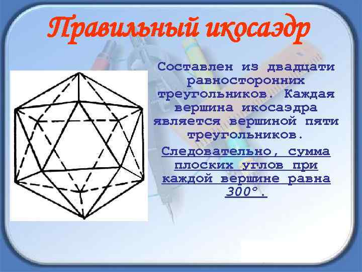 Правильный икосаэдр Составлен из двадцати равносторонних треугольников. Каждая вершина икосаэдра является вершиной пяти треугольников.
