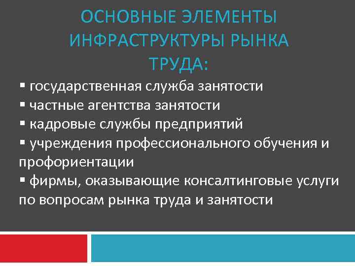 ОСНОВНЫЕ ЭЛЕМЕНТЫ ИНФРАСТРУКТУРЫ РЫНКА ТРУДА: § государственная служба занятости § частные агентства занятости §