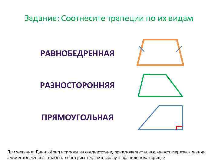 Задание: Соотнесите трапеции по их видам РАВНОБЕДРЕННАЯ РАЗНОСТОРОННЯЯ ПРЯМОУГОЛЬНАЯ Примечание: Данный тип вопроса на