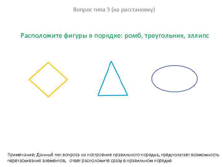 Вопрос типа 3 (на расстановку) Расположите фигуры в порядке: ромб, треугольник, эллипс Примечание: Данный