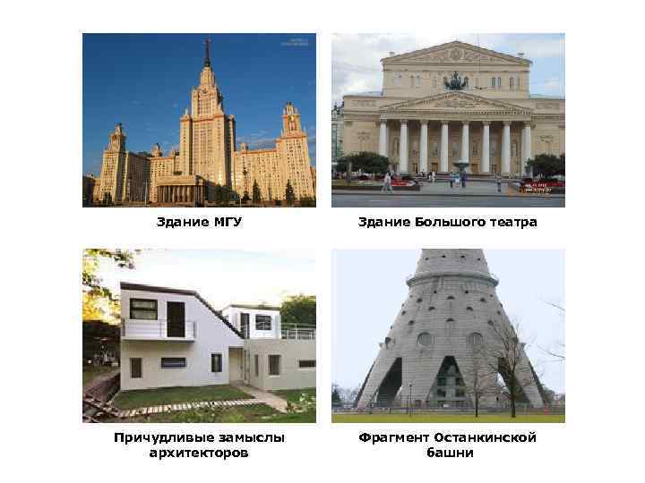 Здание МГУ Здание Большого театра Причудливые замыслы архитекторов Фрагмент Останкинской башни 