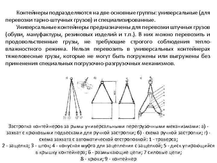 Контейнеры подразделяются на две основные группы: универсальные (для перевозки тарно-штучных грузов) и специализированные. Универсальные