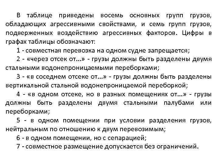 В таблице приведены восемь основных групп грузов, обладающих агрессивными свойствами, и семь групп грузов,