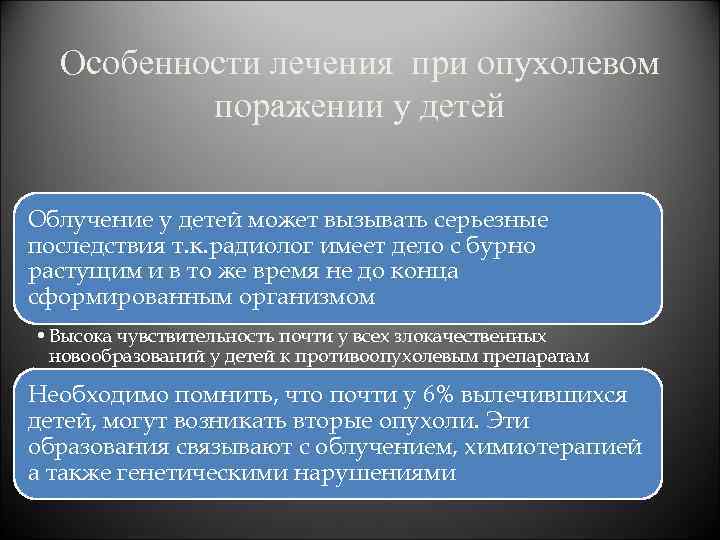 Особенности лечения при опухолевом поражении у детей Облучение у детей может вызывать серьезные последствия