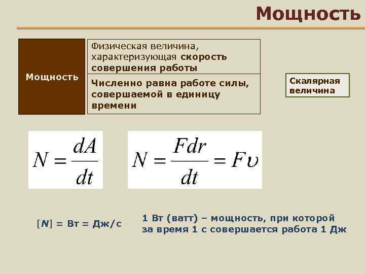 Мощность Физическая величина, характеризующая скорость совершения работы Численно равна работе силы, совершаемой в единицу