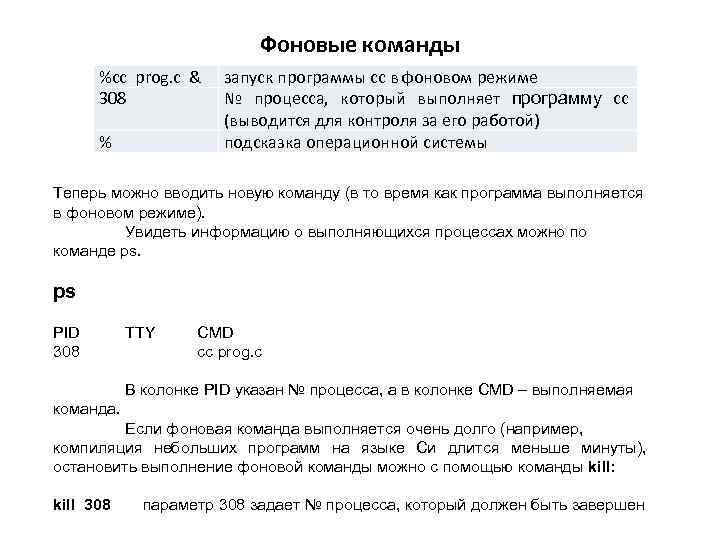 Фоновые команды %cc prog. c & 308 % запуск программы cc в фоновом режиме